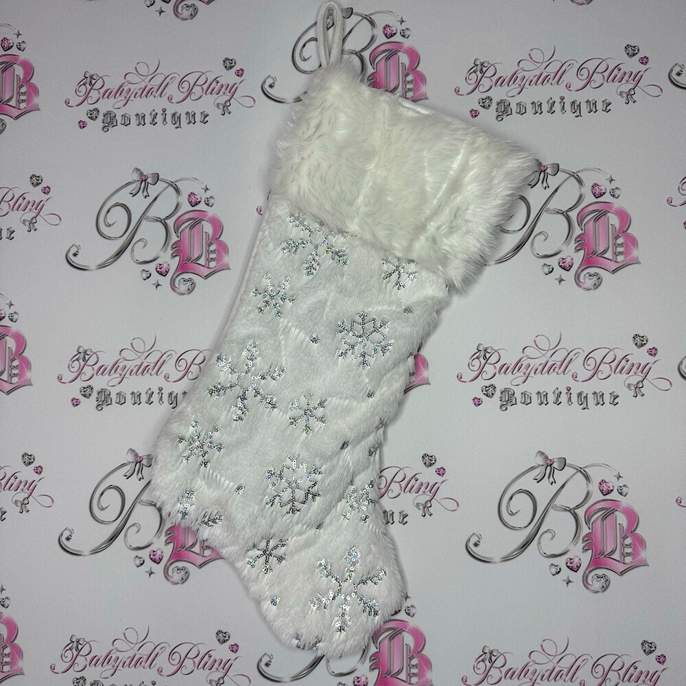 Stocking sparkly snow flakes holographic sequins furry white hanging Christmas